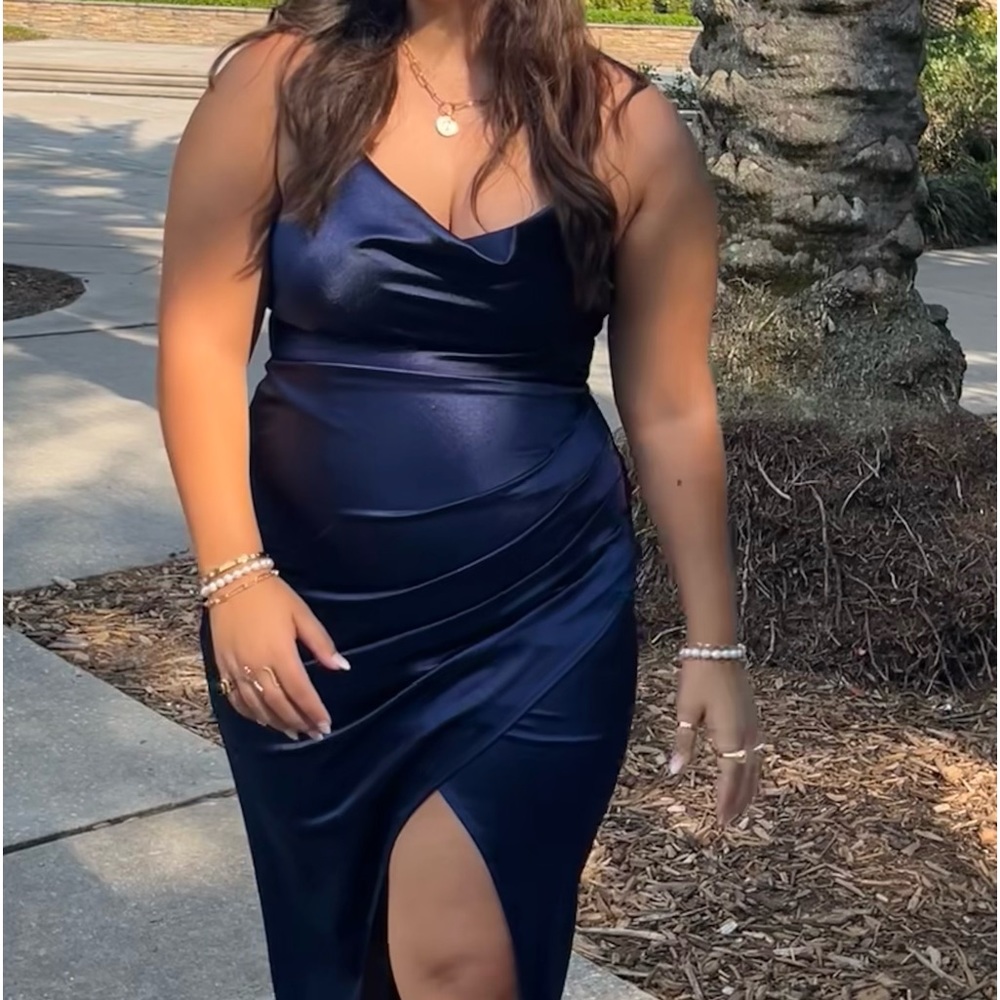Navy blue foam dress with front slide on the left side size 15